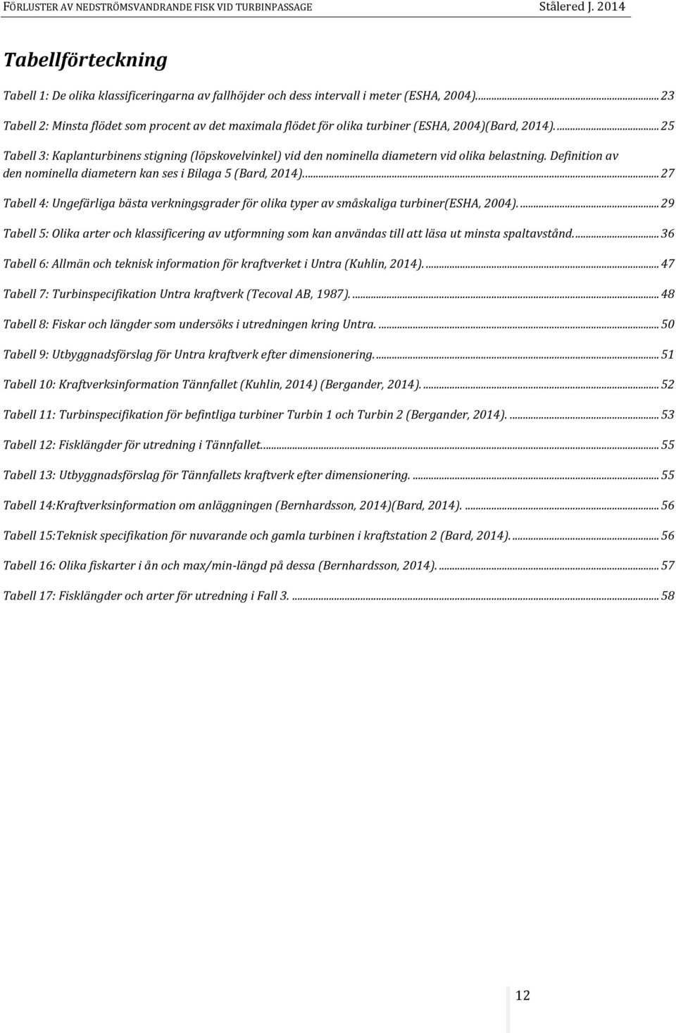 ... 25 Tabell 3: Kaplanturbinens stigning (löpskovelvinkel) vid den nominella diametern vid olika belastning. Definition av den nominella diametern kan ses i Bilaga 5 (Bard, 2014).