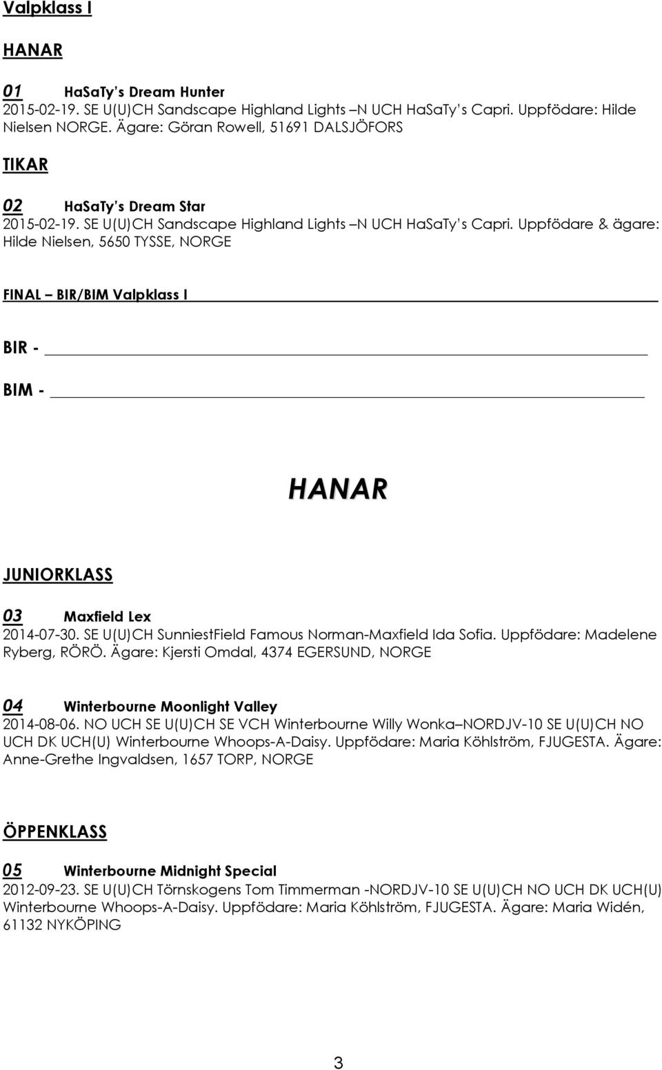 Uppfödare & ägare: Hilde Nielsen, 5650 TYSSE, NORGE FINAL BIR/BIM Valpklass I BIR - BIM - HANAR JUNIORKLASS 03 Maxfield Lex 2014-07-30. SE U(U)CH SunniestField Famous Norman-Maxfield Ida Sofia.