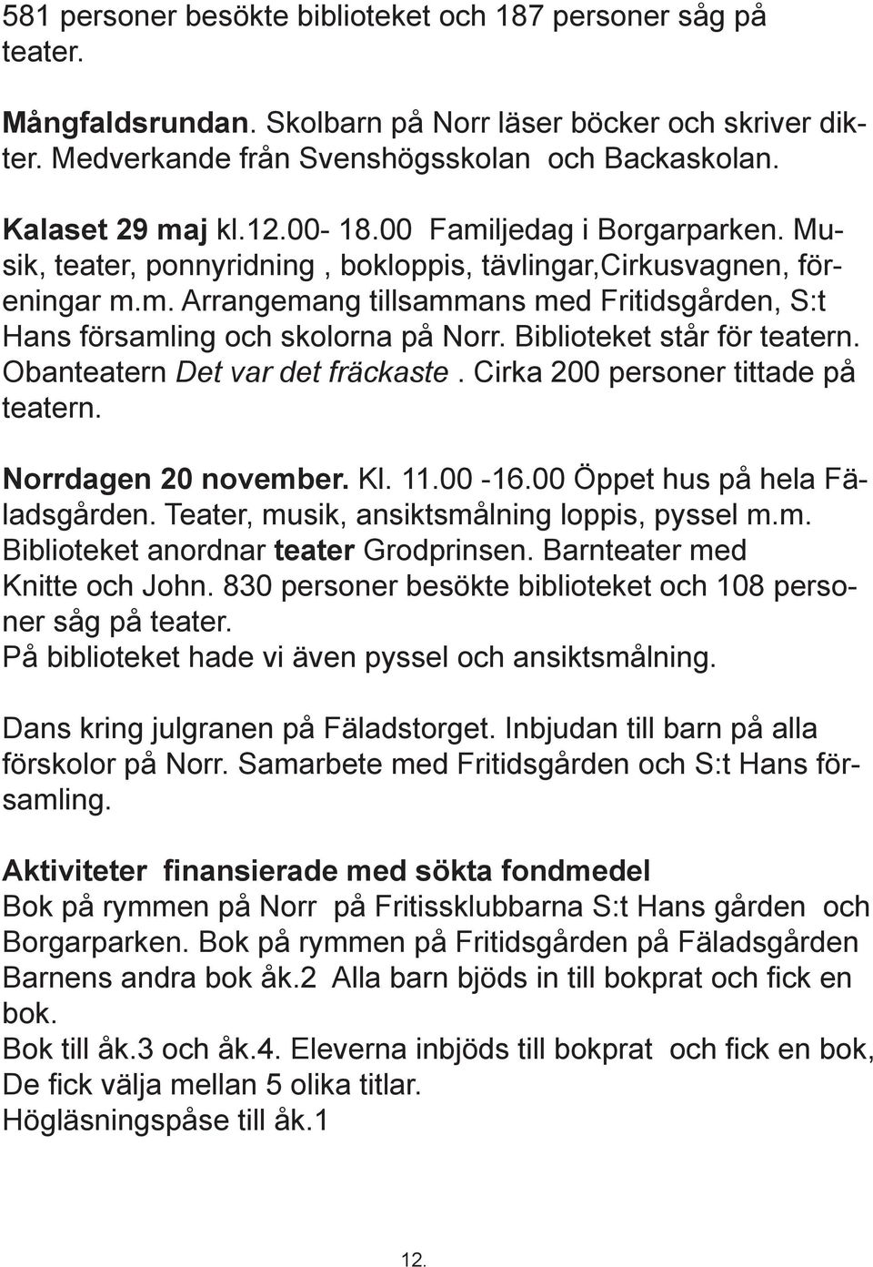 Biblioteket står för teatern. Obanteatern Det var det fräckaste. Cirka 200 personer tittade på teatern. Norrdagen 20 november. Kl. 11.00-16.00 Öppet hus på hela Fäladsgården.