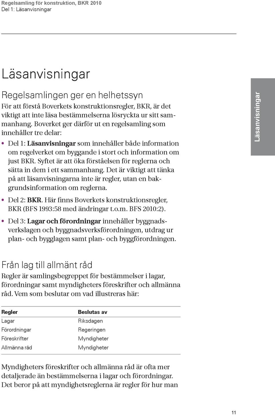 Syftet är att öka förståelsen för reglerna och sätta in dem i ett sammanhang. Det är viktigt att tänka på att läsanvisningarna inte är regler, utan en bakgrundsinformation om reglerna. Del 2: BKR.