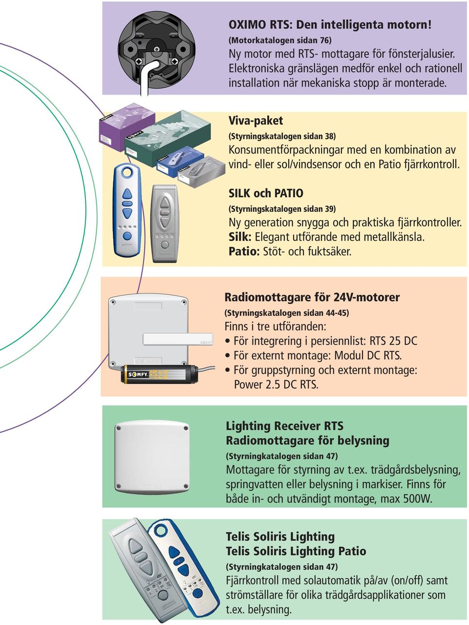 Viva-paket (Styrningskatalogen sidan 38) Konsumentförpackningar med en kombination av vind- eller sol/vindsensor och en Patio fjärrkontroll.