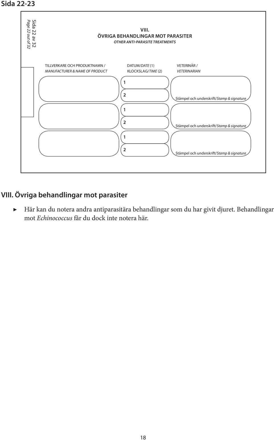 ÖVRIGA BEHANDLINGAR MOT PARASITER OTHER ANTI-PARASITE TREATMENTS DATUM/DATE () KLOCKSLAG/TIME ()