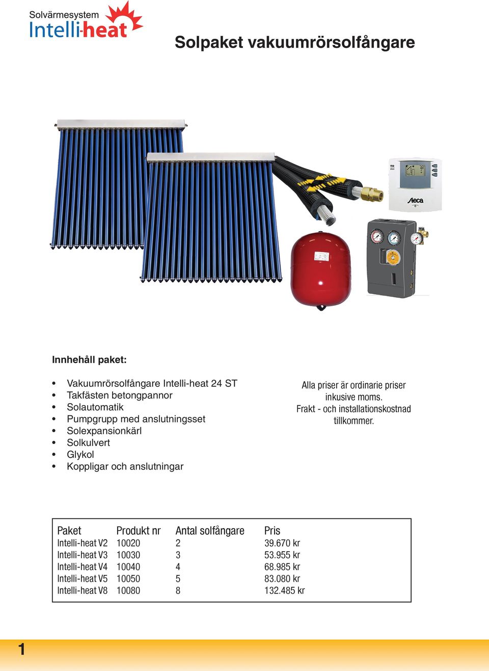inkusive moms. Frakt - och installationskostnad tillkommer. Paket Produkt nr Antal solfångare Pris Intelli-heat V2 10020 2 39.