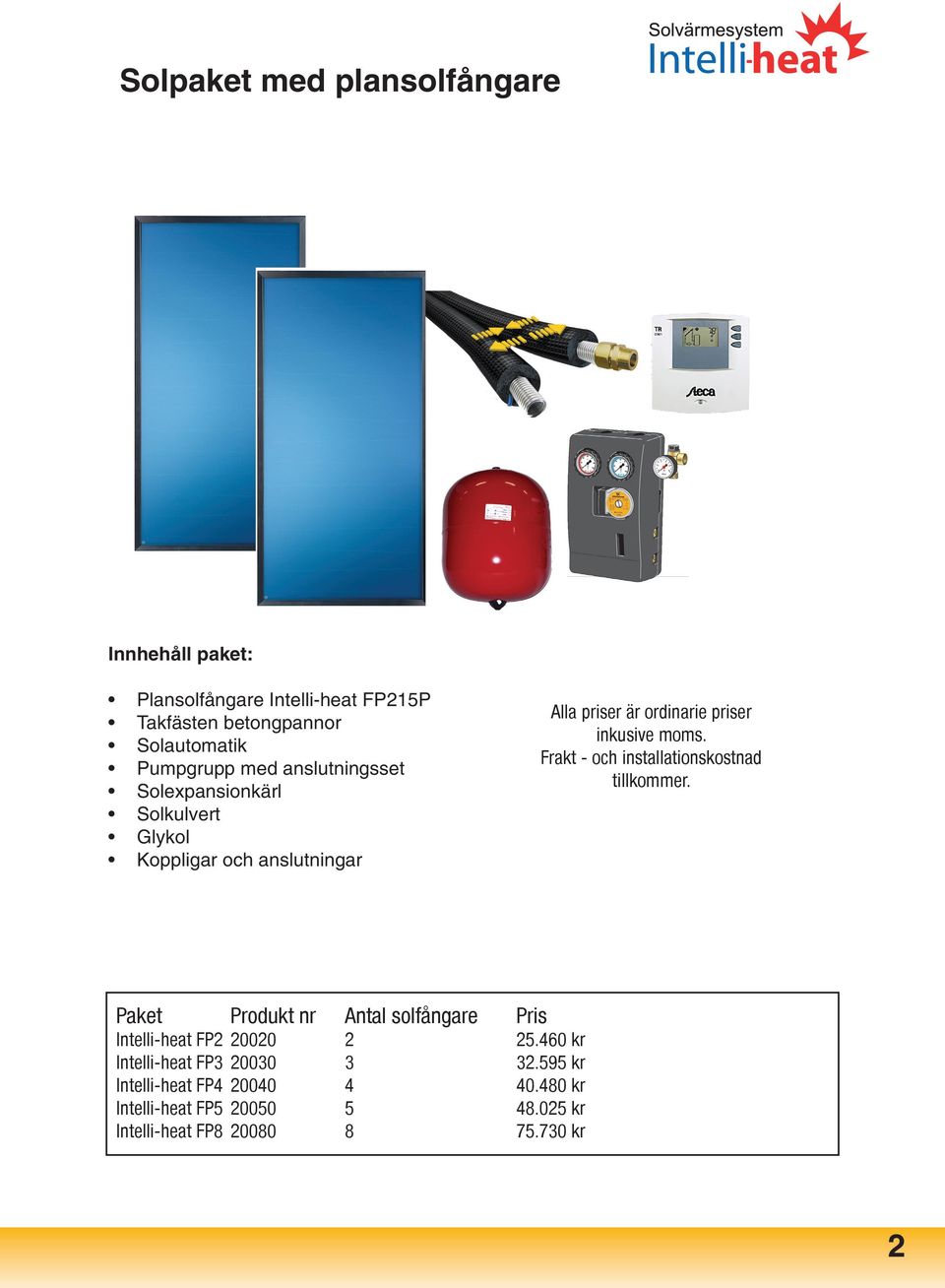 Frakt - och installationskostnad tillkommer. Paket Produkt nr Antal solfångare Pris Intelli-heat FP2 20020 2 25.