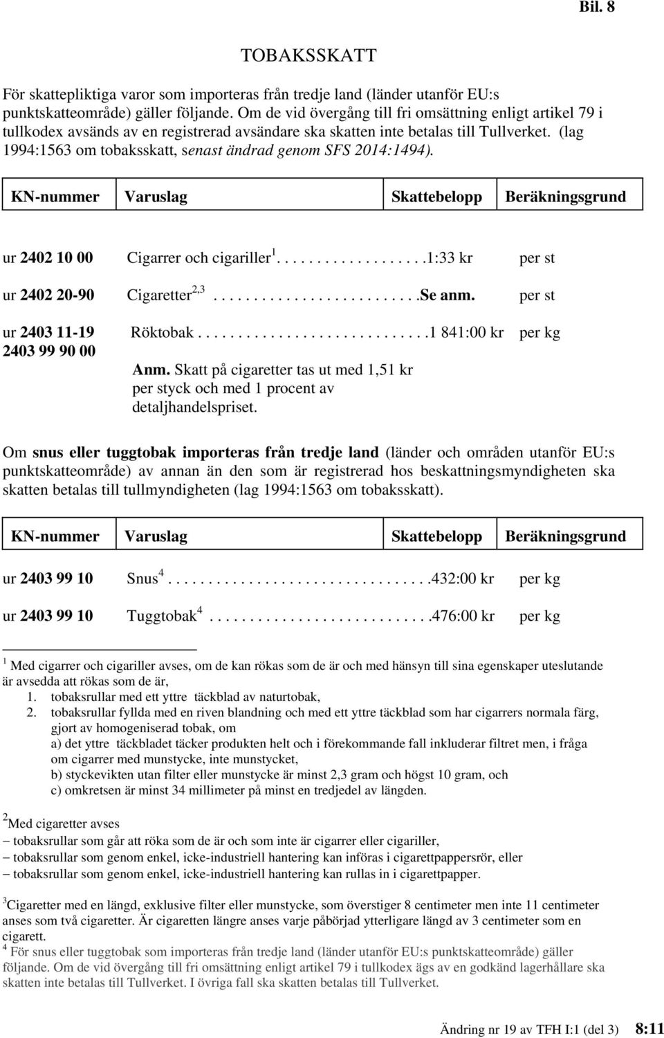 (lag 1994:1563 om tobaksskatt, senast ändrad genom SFS 2014:1494). KN-nummer Varuslag Skattebelopp Beräkningsgrund ur 2402 10 00 Cigarrer och cigariller 1...................1:33 kr per st ur 2402 20-90 Cigaretter 2,3.