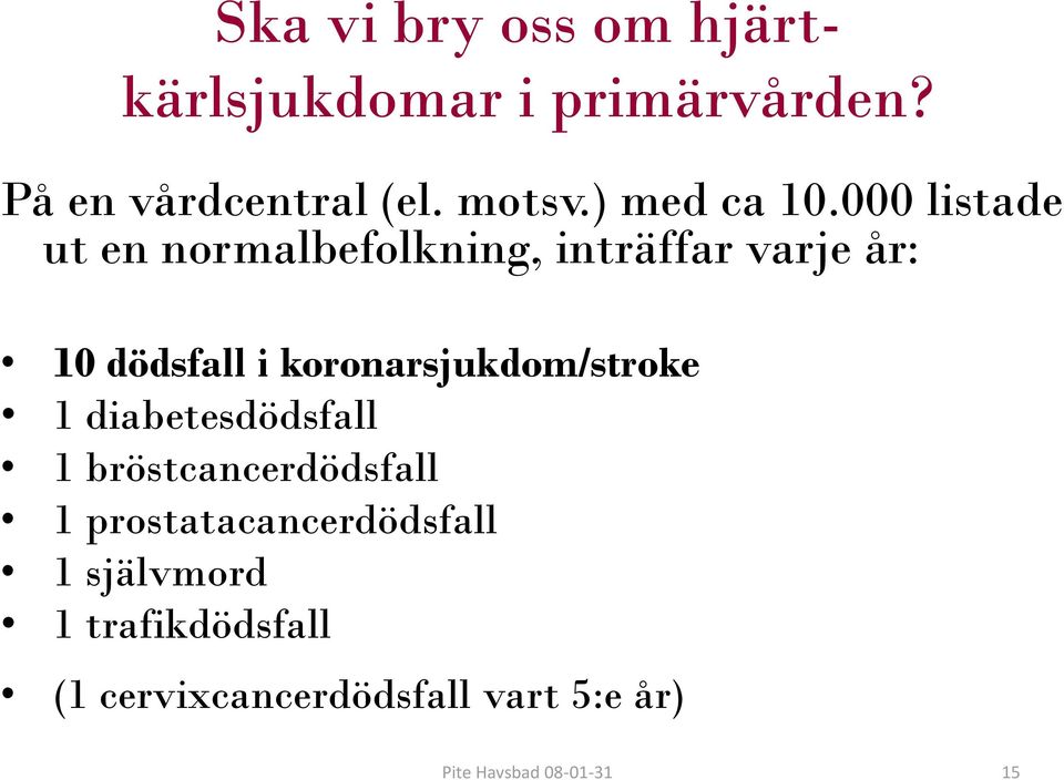 000 listade ut en normalbefolkning, inträffar varje år: 10 dödsfall i