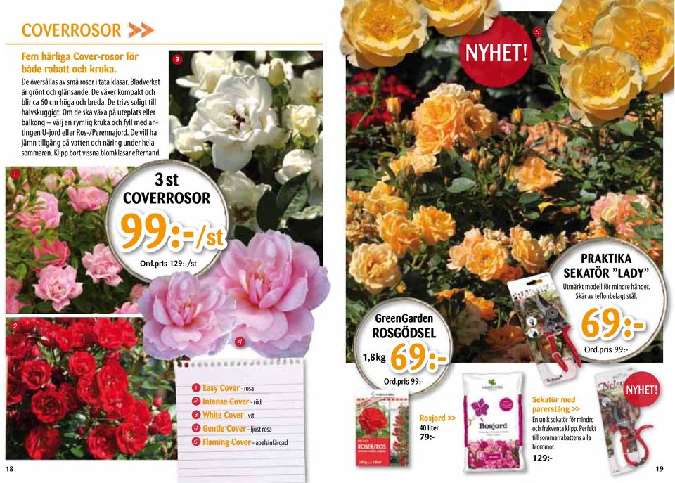 De vill ha jämn tillgång på vatten och näring under hela sommaren. Klipp bort vissna blomklasar efterhand. NYHET! 5 1 st COVERROSOR 99:-/st Ord.