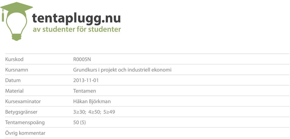 Grundkurs i projekt och industriell ekonomi Datum 2013-11-01