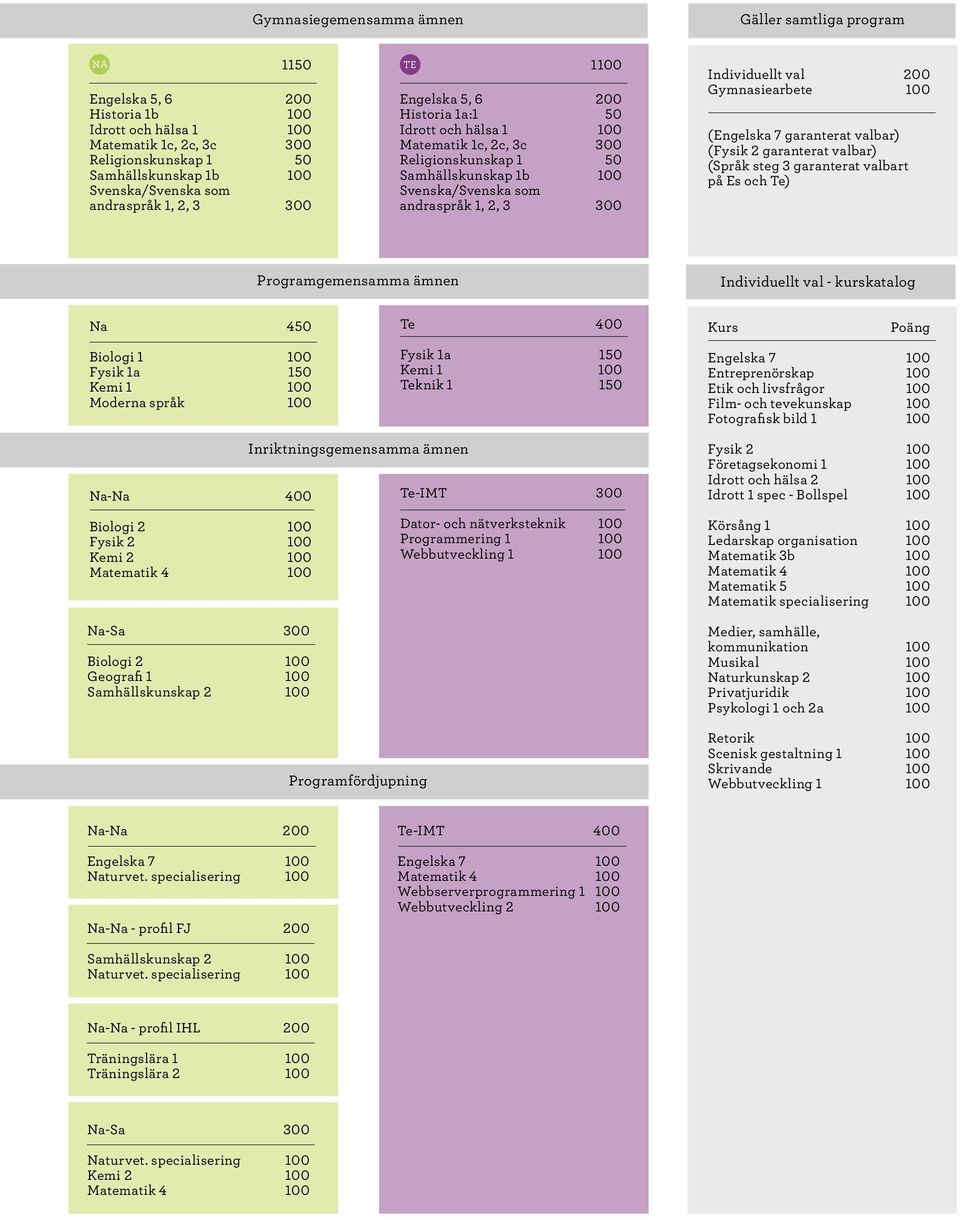 3 300 Individuellt val 200 Gymnasiearbete 100 (Engelska 7 garanterat valbar) (Fysik 2 garanterat valbar) (Språk steg 3 garanterat valbart på Es och Te) Programgemensamma ämnen Individuellt val -