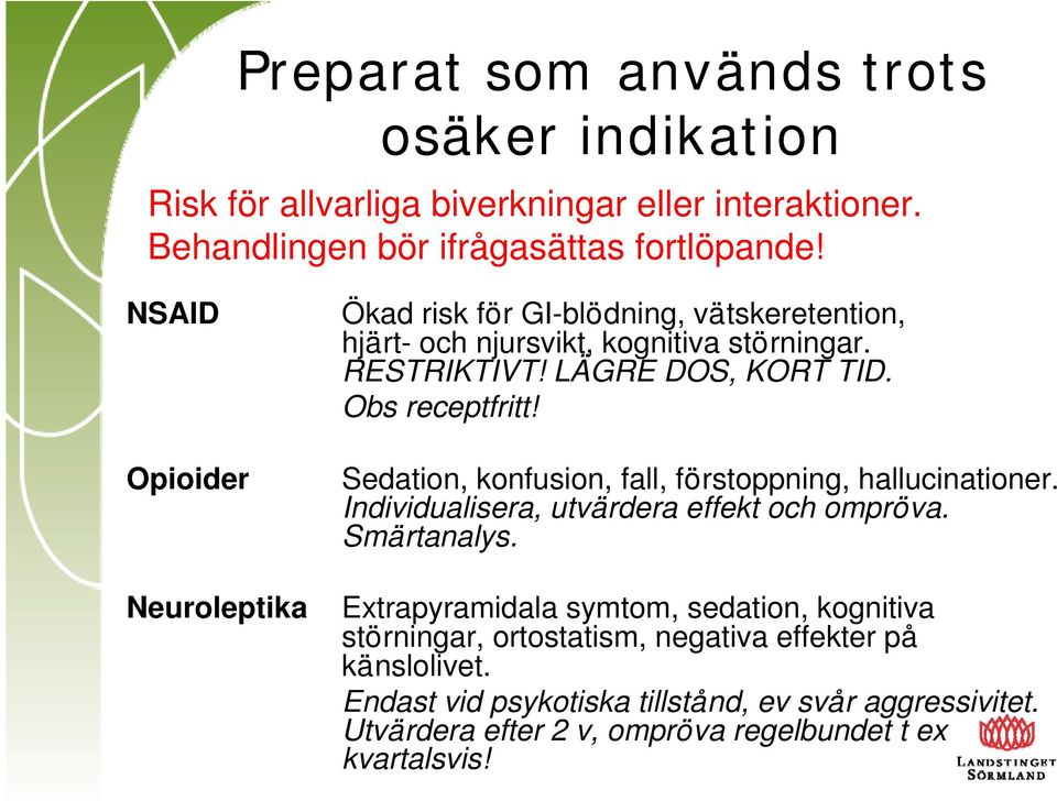 Obs receptfritt! Sedation, konfusion, fall, förstoppning, hallucinationer. Individualisera, utvärdera effekt och ompröva. Smärtanalys.