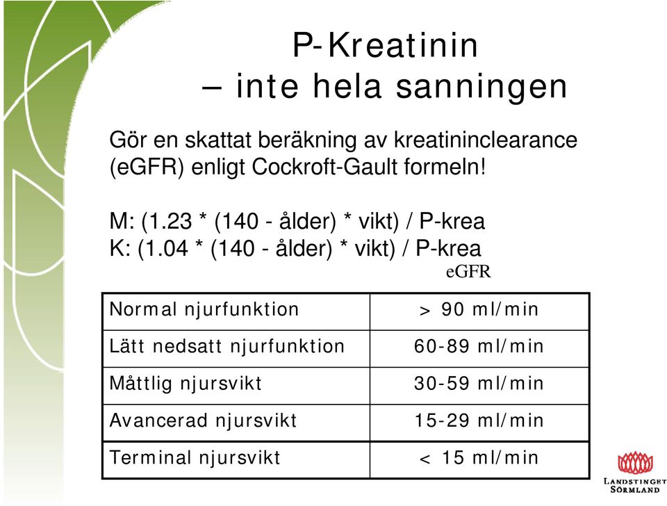 04 * (140 - ålder) * vikt) / P-krea egfr Normal njurfunktion Lätt nedsatt njurfunktion