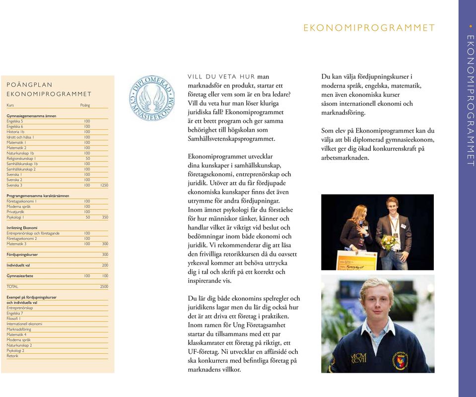 100 Psykologi 1 50 350 Inriktning Ekonomi Entreprenörskap och företagande 100 Företagsekonomi 2 100 Matematik 3 100 300 Fördjupningskurser 300 Individuellt val 200 Gymnasiearbete 100 100 TOTAL 2500