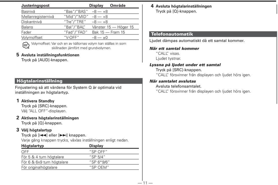 Högtalarinställning Finjustering så att värdena för System Q är optimala vid inställningen av högtalartyp. 4 Avsluta högtalarinställningen Tryck på [Q]-knappen.