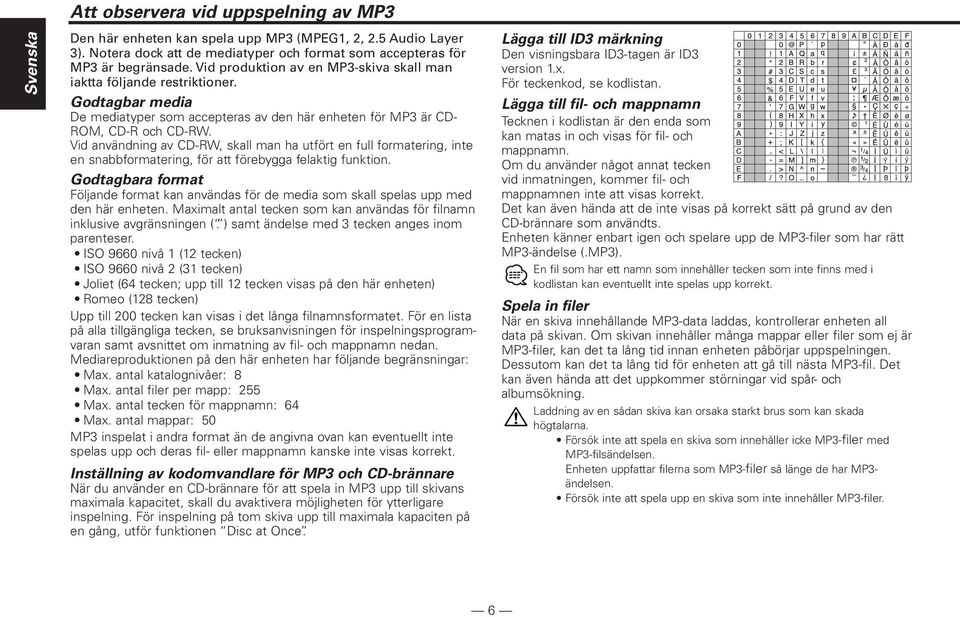 Vid användning av CD-RW, skall man ha utfört en full formatering, inte en snabbformatering, för att förebygga felaktig funktion.