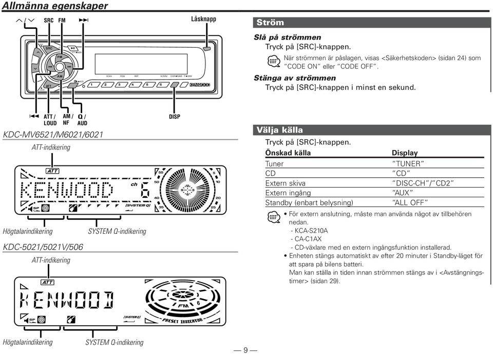 4 ATT / LOUD AM / NF Q / AUD KDC-MV6521/M6021/6021 ATT-indikering Högtalarindikering KDC-5021/5021V/506 ATT-indikering SYSTEM Q-indikering DISP Välja källa Tryck på [SRC]-knappen.