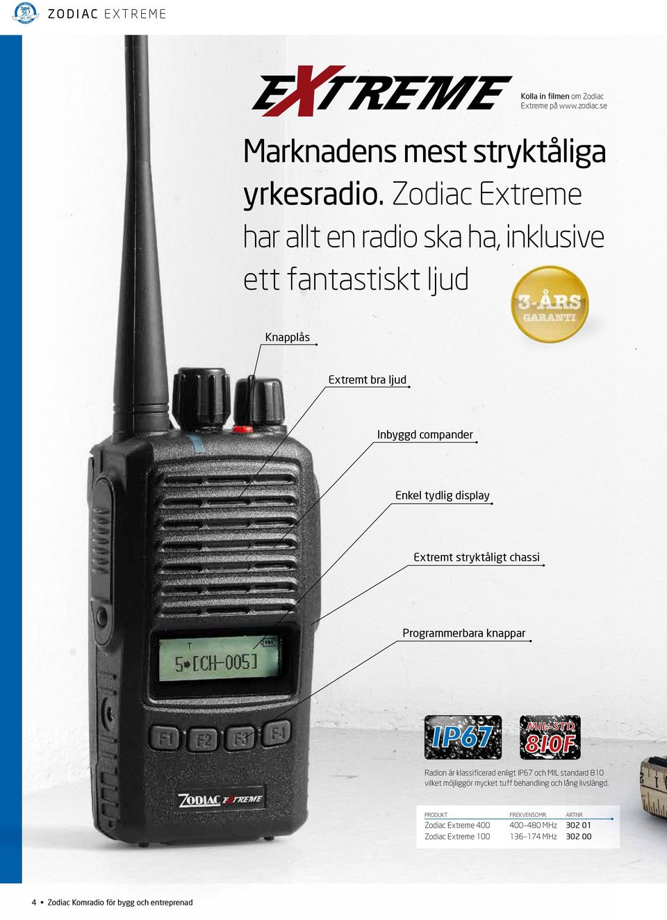 display Extremt stryktåligt chassi Programmerbara knappar Radion är klassificerad enligt IP67 och MIL standard 810 vilket möjliggör