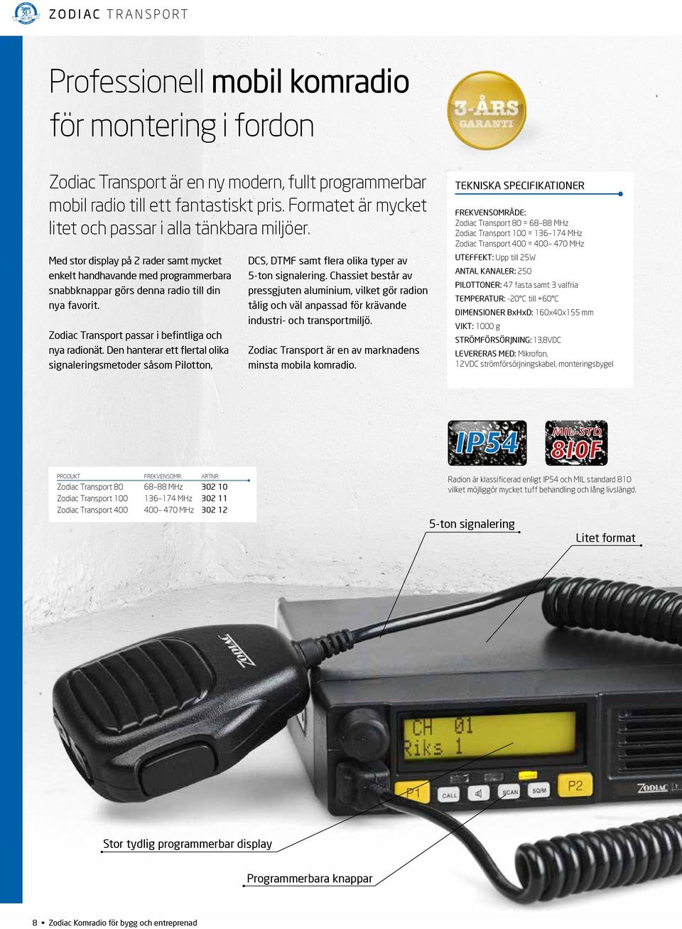 TEKNISKA SPECIFIKATIONER Frekvensområde: Zodiac Transport 80 = 68 88 MHz Zodiac Transport 100 = 136 174 MHz Zodiac Transport 400 = 400 470 MHz Med stor display på 2 rader samt mycket enkelt