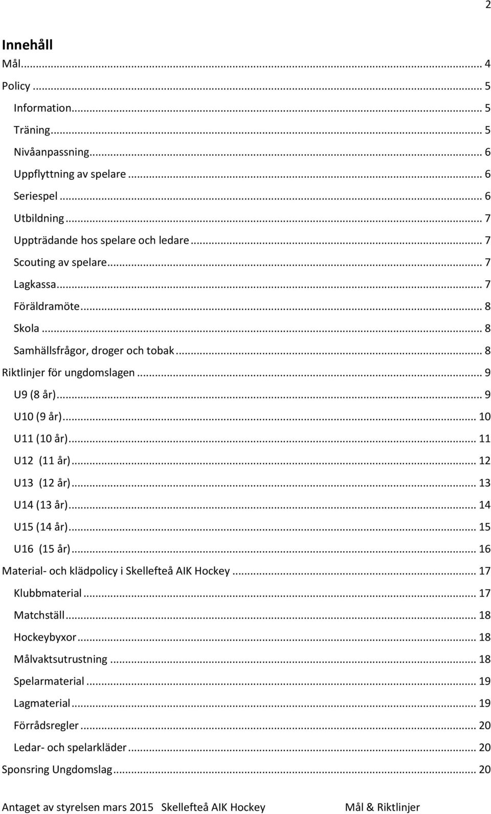 .. 10 U11 (10 år)... 11 U12 (11 år)... 12 U13 (12 år)... 13 U14 (13 år)... 14 U15 (14 år)... 15 U16 (15 år)... 16 Material- och klädpolicy i Skellefteå AIK Hockey.