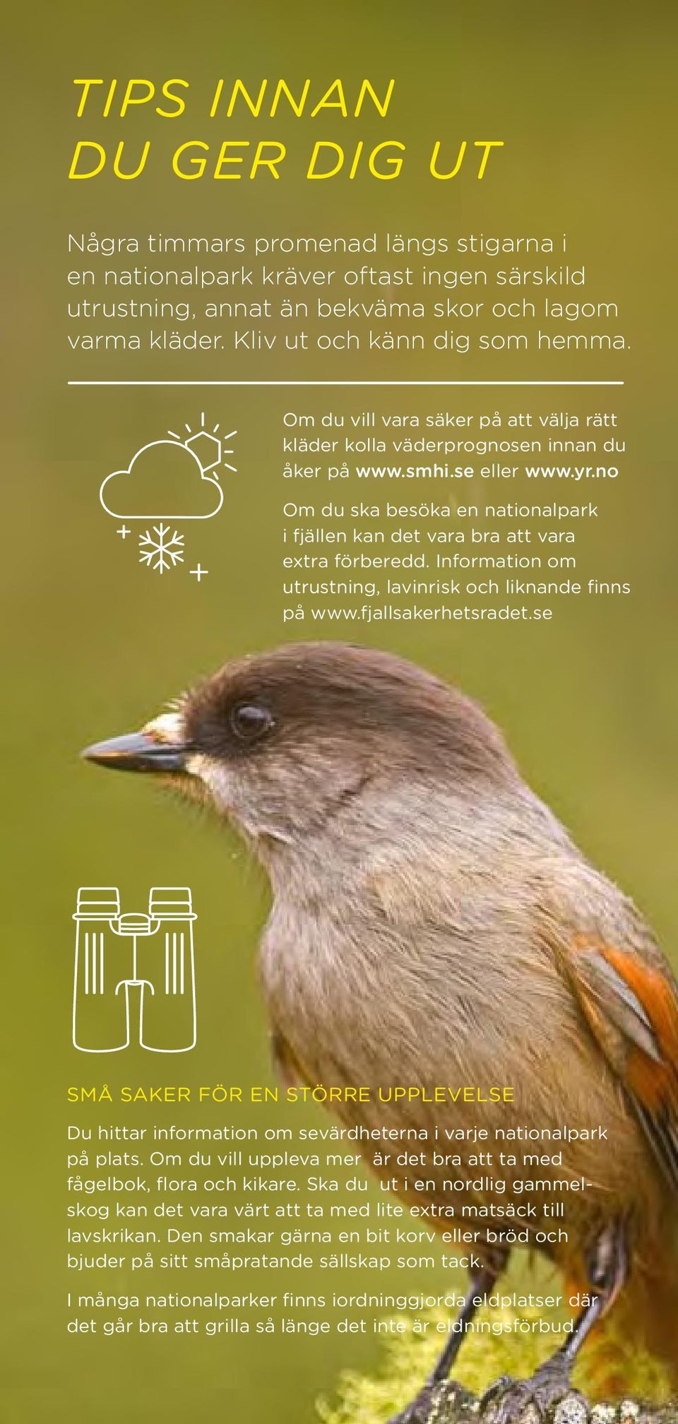 Information om utrustning, lavinrisk och liknande finns på www.fjallsakerhetsradet.se Små saker för en större upplevelse Du hittar information om sevärdheterna i varje nationalpark på plats.