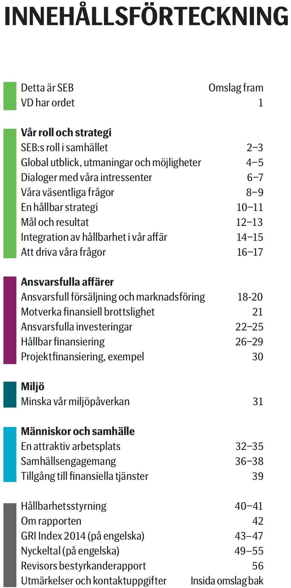 marknadsföring 18-20 Motverka finansiell brottslighet 21 Ansvarsfulla investeringar 22 25 Hållbar finansiering 26 29 Projektfinansiering, exempel 30 Miljö Minska vår miljöpåverkan 31 Människor och