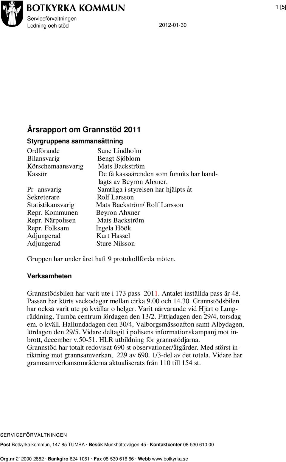 Kommunen Beyron Ahxner Repr. Närpolisen Mats Backström Repr. Folksam Ingela Höök Adjungerad Kurt Hassel Adjungerad Sture Nilsson Gruppen har under året haft 9 protokollförda möten.