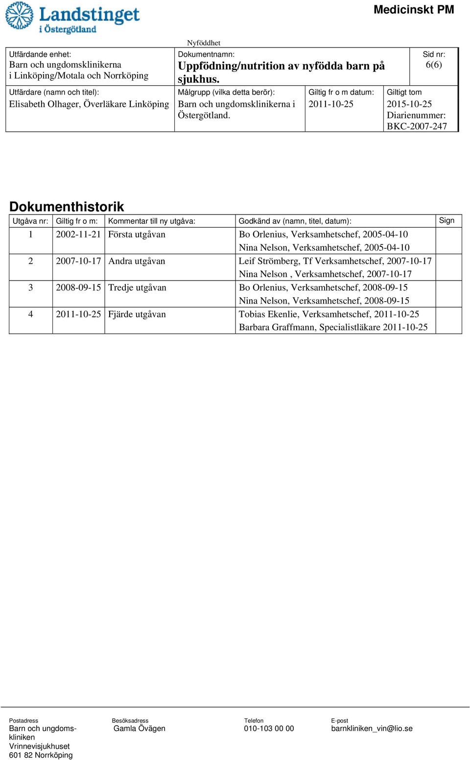 Verksamhetschef, 2007-10-17 Nina Nelson, Verksamhetschef, 2007-10-17 3 2008-09-15 Tredje utgåvan Bo Orlenius, Verksamhetschef, 2008-09-15