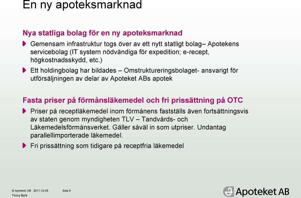 ) Ett holdingbolag har bildades Omstruktureringsbolaget- ansvarigt för utförsäljningen av delar av Apoteket ABs apotek Fasta priser på förmånsläkemedel och fri prissättning