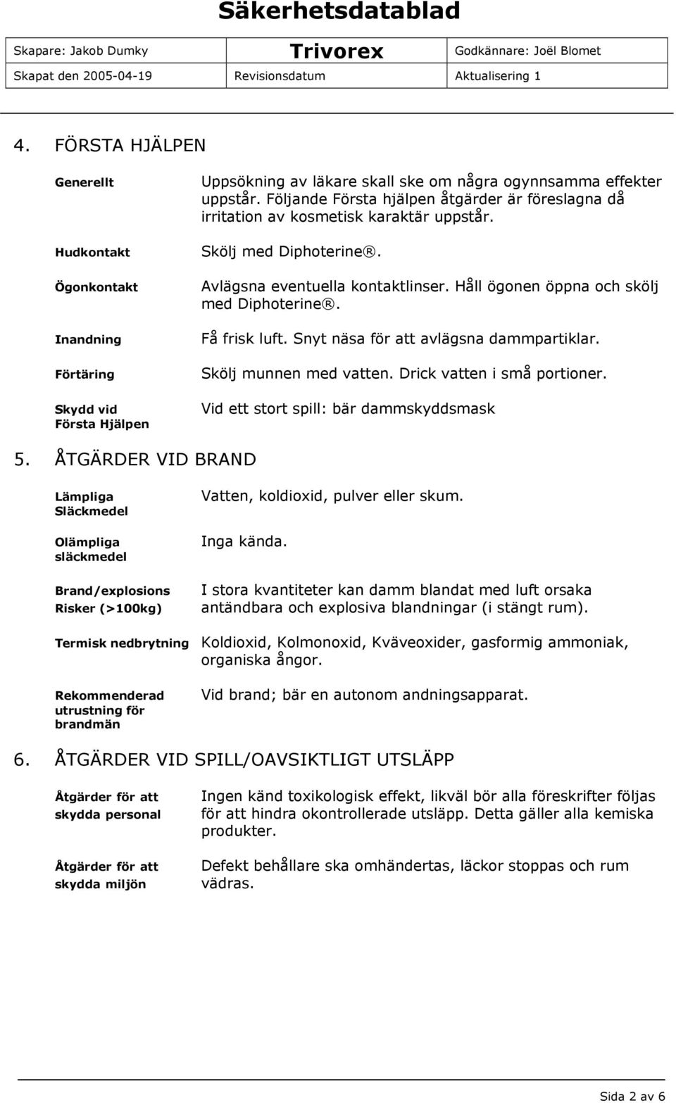 Få frisk luft. Snyt näsa för att avlägsna dammpartiklar. Skölj munnen med vatten. Drick vatten i små portioner. Vid ett stort spill: bär dammskyddsmask 5.