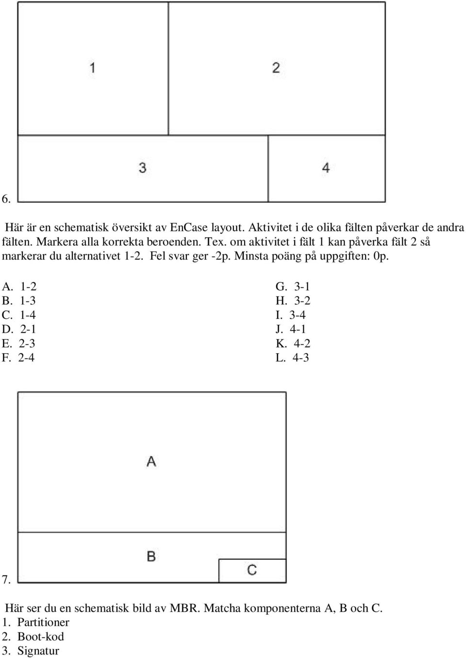 Fel svar ger -2p. Minsta poäng på uppgiften: 0p. A. 1-2 G. 3-1 B. 1-3 H. 3-2 C. 1-4 I. 3-4 D. 2-1 J. 4-1 E. 2-3 K.