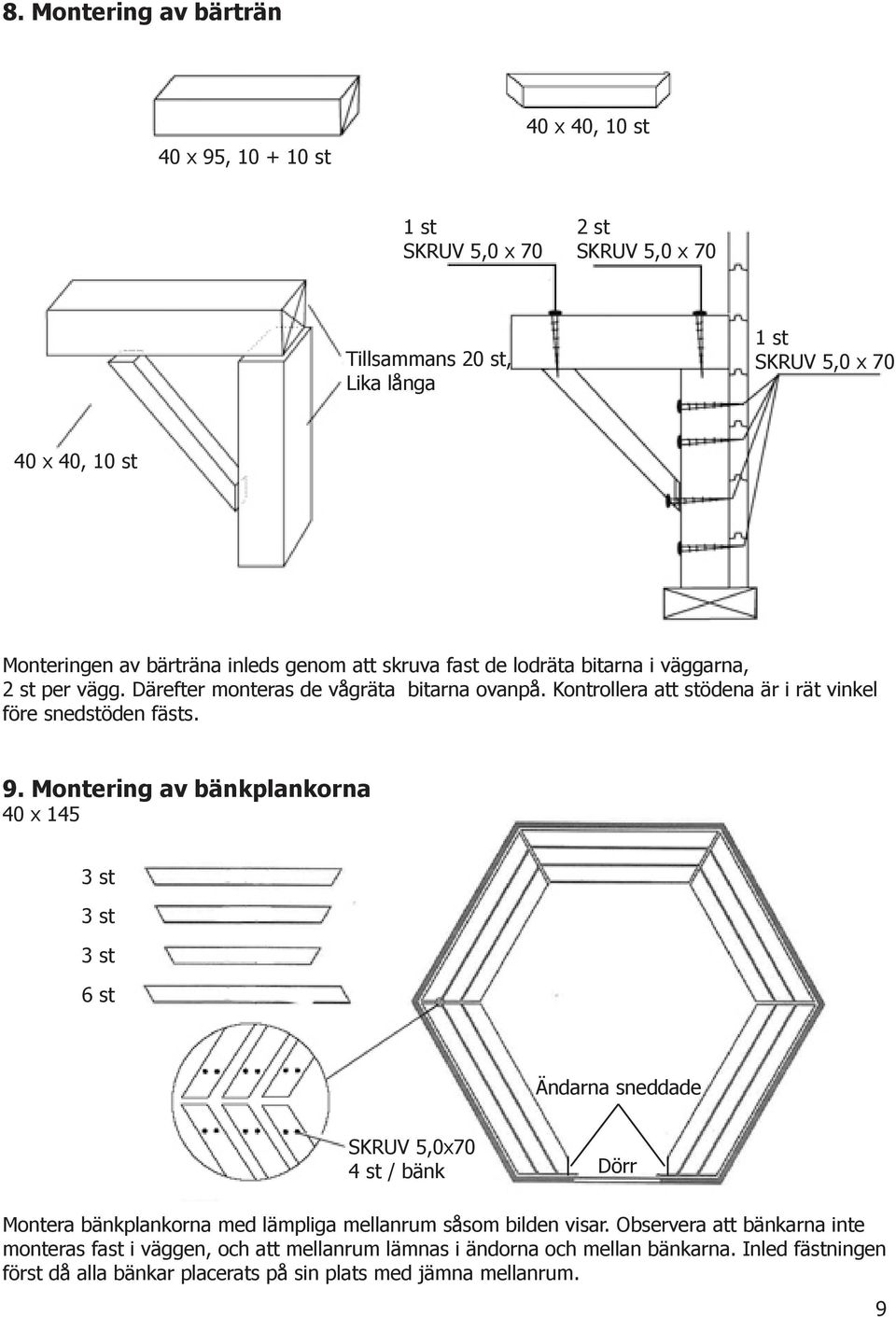 Kontrollera att stödena är i rät vinkel före snedstöden fästs. 9.