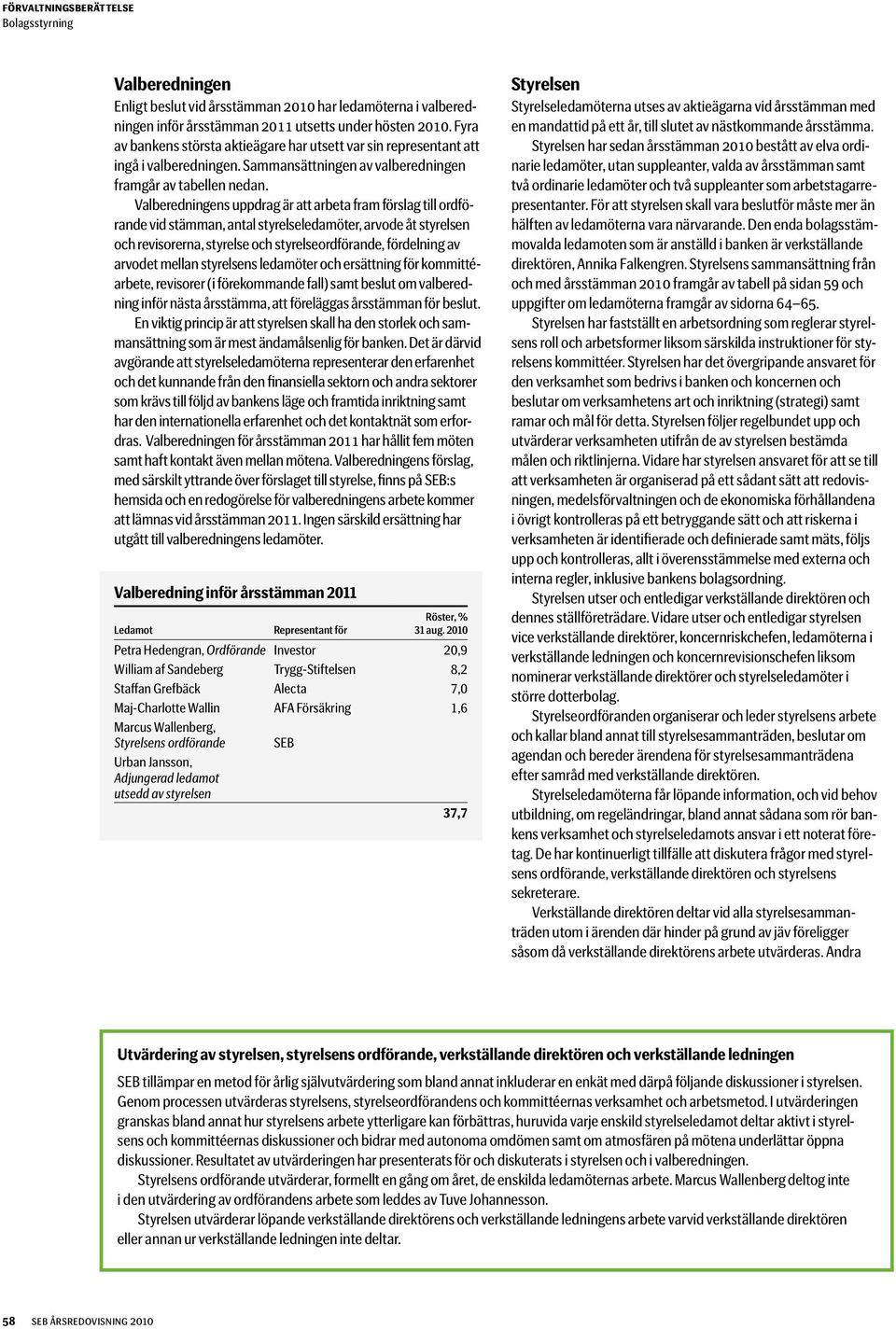 Valberedningens uppdrag är att arbeta fram förslag till ordförande vid stämman, antal styrelseledamöter, arvode åt styrelsen och revisorerna, styrelse och styrelseordförande, fördelning av arvodet