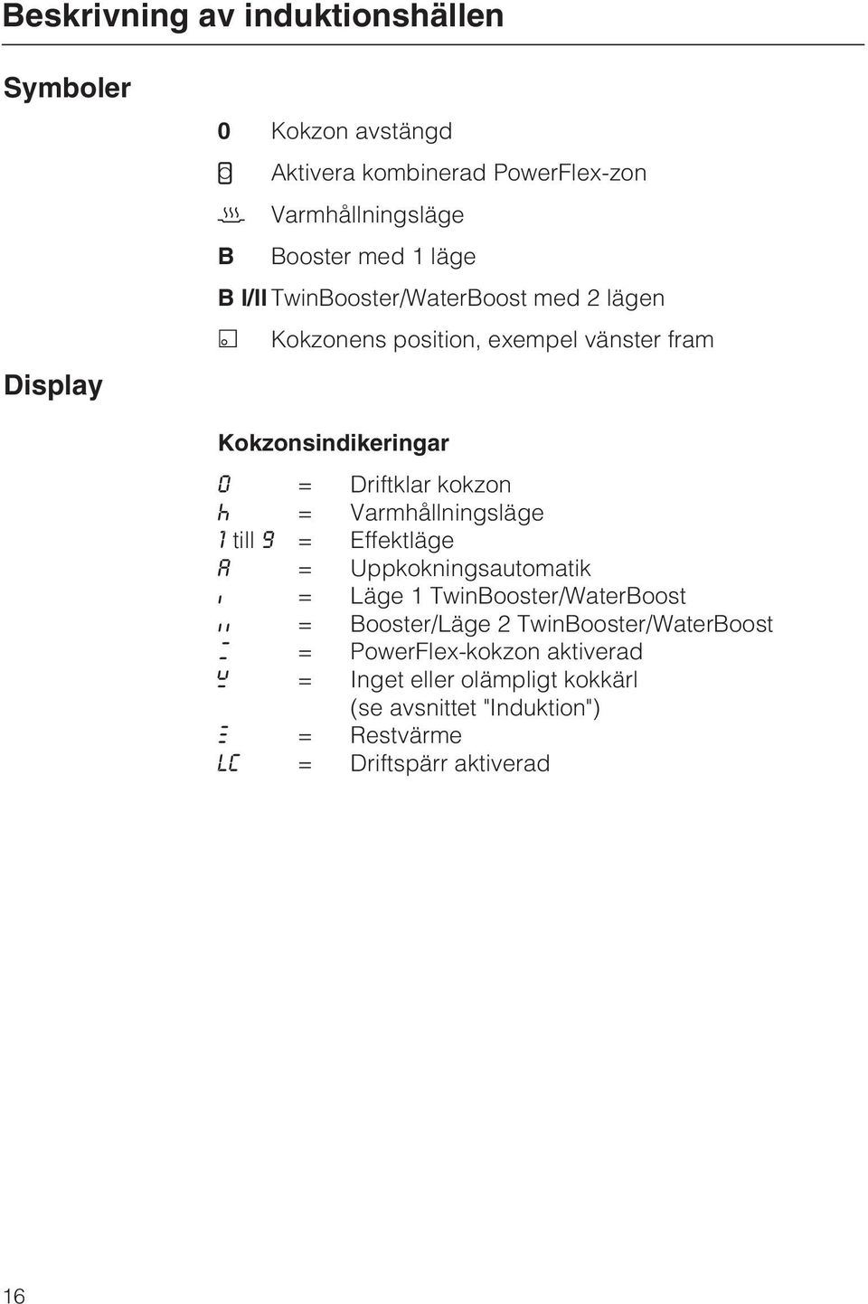 Varmhållningsläge 1 till 9 = Effektläge A = Uppkokningsautomatik f = Läge 1 TwinBooster/WaterBoost h = Booster/Läge 2