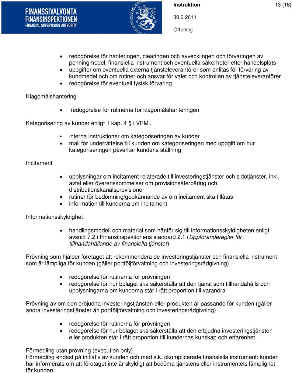 förvaring redogörelse för rutinerna för klagomålshanteringen Kategorisering av kunder enligt 1 kap.