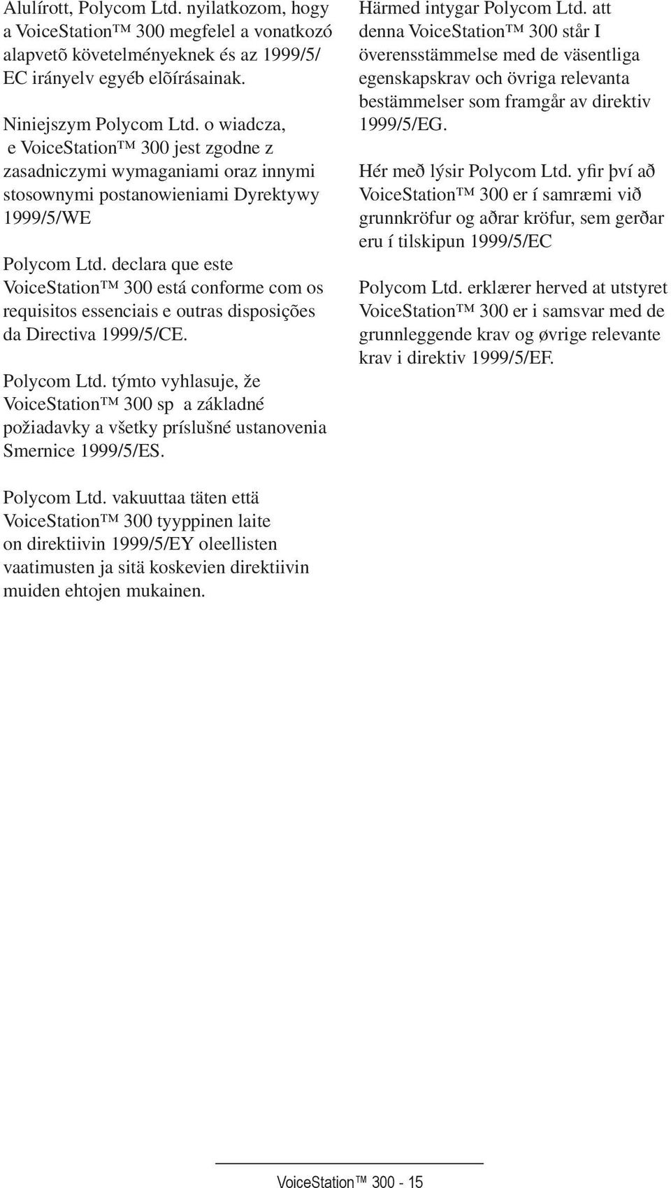 declara que este VoiceStation 300 está conforme com os requisitos essenciais e outras disposições da Directiva 1999/5/CE. Polycom Ltd.