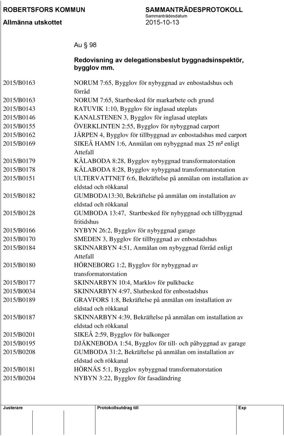 KANALSTENEN 3, Bygglov för inglasad uteplats 2015/B0155 ÖVERKLINTEN 2:55, Bygglov för nybyggnad carport 2015/B0162 JÄRPEN 4, Bygglov för tillbyggnad av enbostadshus med carport 2015/B0169 SIKEÅ HAMN