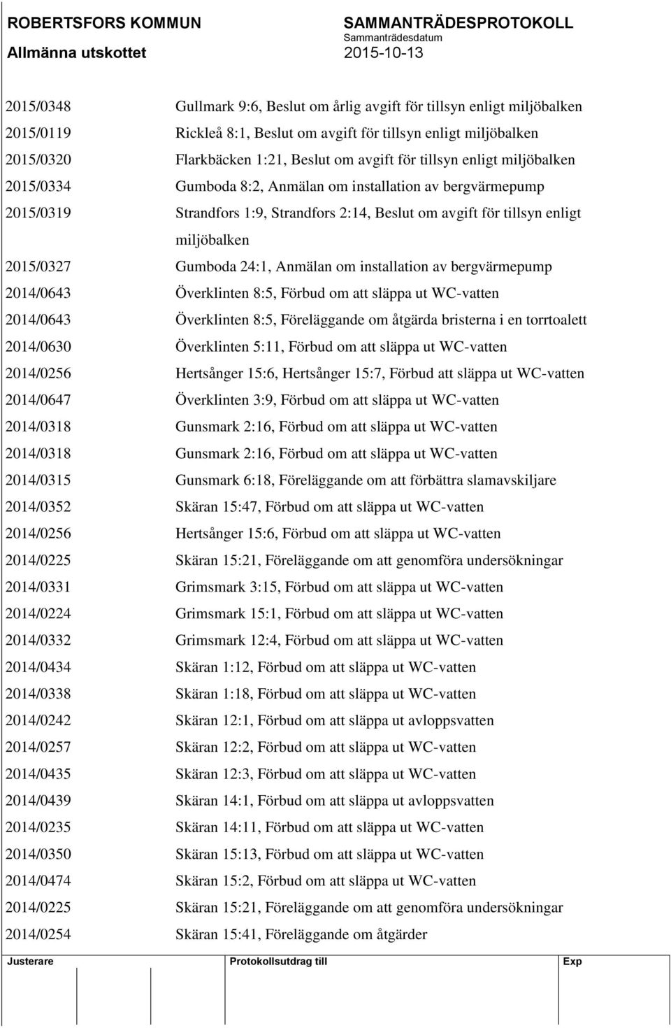 24:1, Anmälan om installation av bergvärmepump 2014/0643 Överklinten 8:5, Förbud om att släppa ut WC-vatten 2014/0643 Överklinten 8:5, Föreläggande om åtgärda bristerna i en torrtoalett 2014/0630