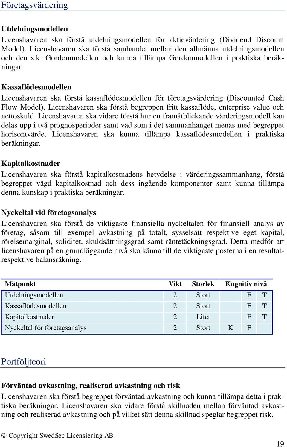 Kassaflödesmodellen Licenshavaren ska förstå kassaflödesmodellen för företagsvärdering (Discounted Cash Flow Model).