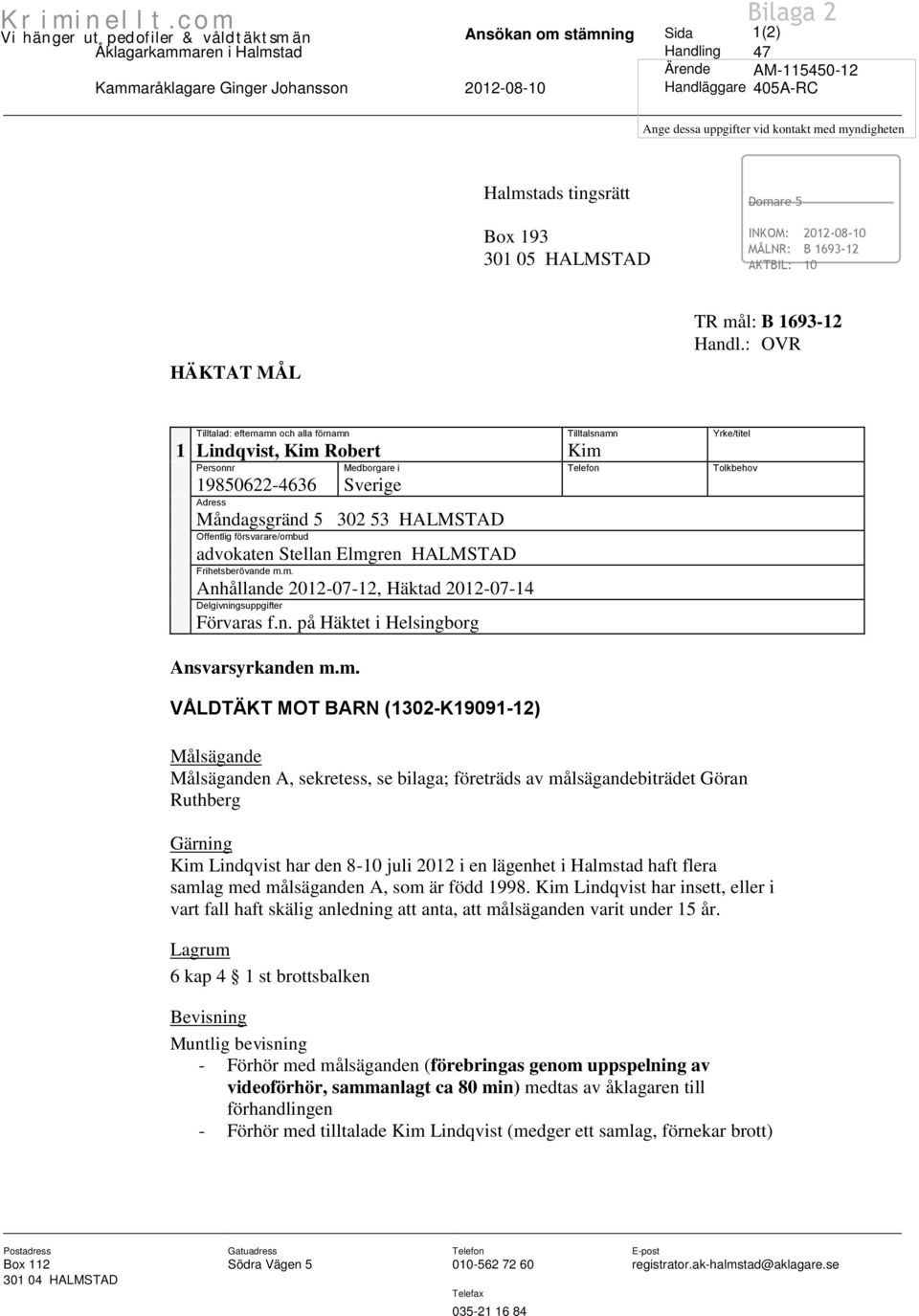 : OVR Tilltalad: efternamn och alla förnamn Tilltalsnamn Yrke/titel 1 Lindqvist, Kim Robert Kim Personnr Medborgare i Telefon Tolkbehov 19850622-4636 Sverige Adress Måndagsgränd 5 302 53 HALMSTAD