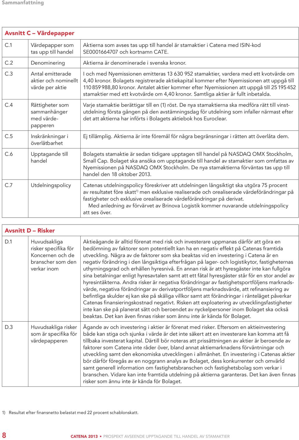 6 Upptagande till handel I och med Nyemissionen emitteras 13 630 952 stamaktier, vardera med ett kvotvärde om 4,40 kronor.