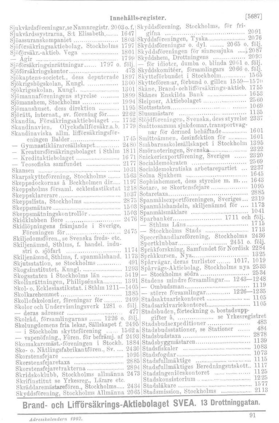 76 Sjöförsäkringsaktiebolag, Stockholms 1797 Skyddsföreningar o. dyl 2065 o. följ. S.F'f.(ir~äkr.-aktieb. Vega 1801 Skyd dsföreningen för sinnessjuka j.