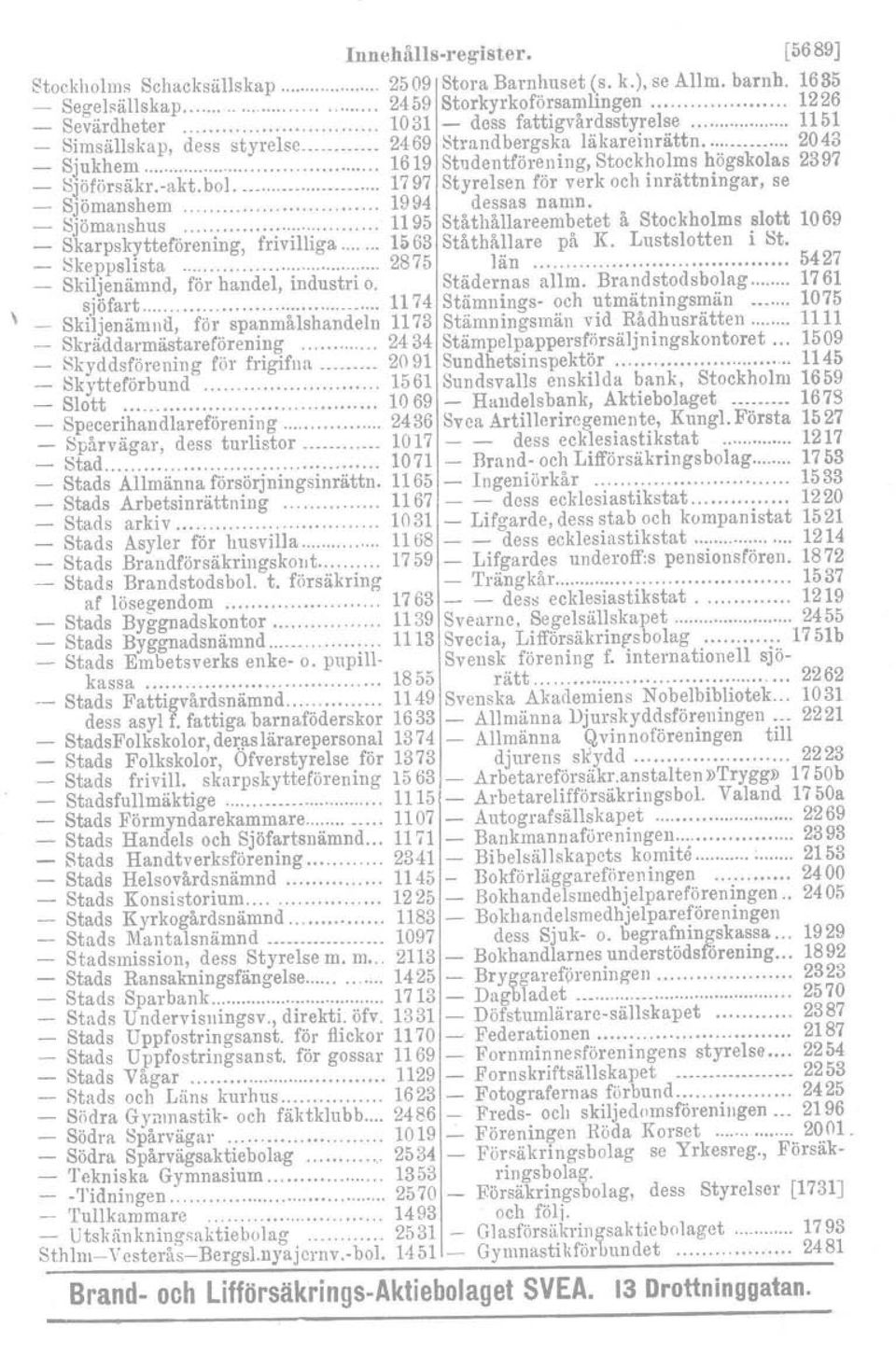 Studentförening, Stockholms högskolas 2397 _ Sjöförsäkr.-akt.bol. 1797 Styrelsen för verk och inrättningar, se - _ SJömanshem Sjömanshus 1994 dessas namn.