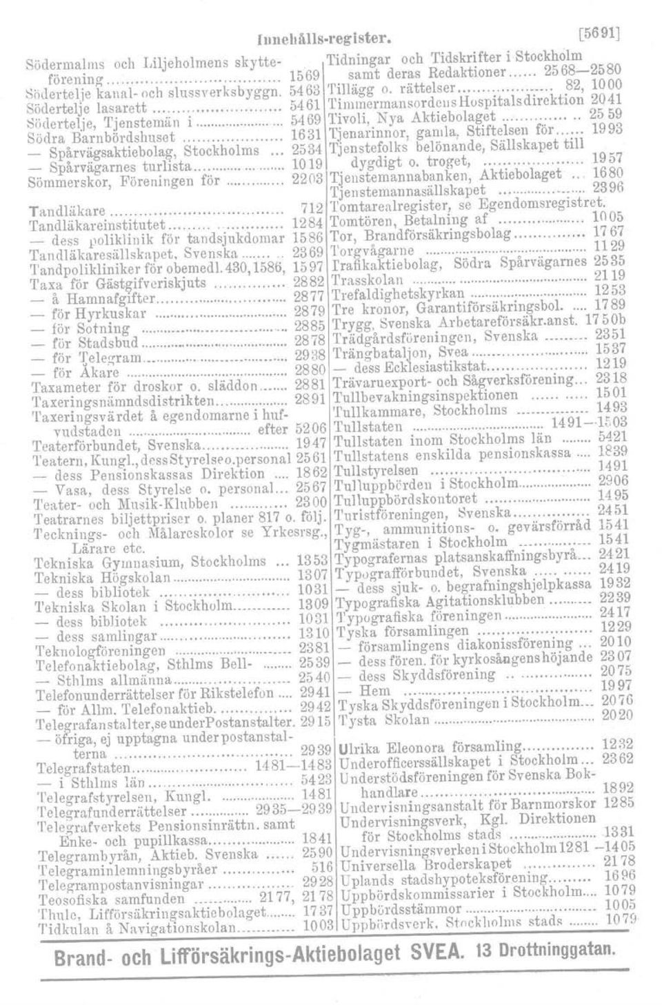 82,1000 Södertelje lasarett 5461 TimmermansordcllsHuspitalsdirektion 2041 Södertelje, Tjenstemän i 5469 Tivoli, Nya Aktiebolaget 2559 Södra Barnbördshuset 1631 Tjenarinnor, gamla, Stiftelsen för 1993