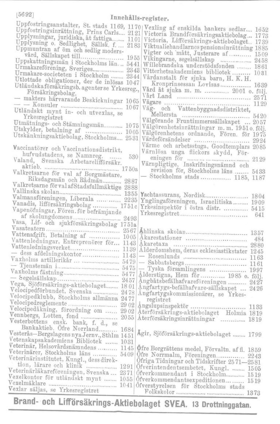 Lifförsäkrings.aktiebolaget.. 1739 Upplysning o. Sedlighet, Sällsk. f 2183 Viktualiehandlarnespensionsinrättning 1885 Uppmuntran af öm och sedlig moders- Vigter och 'mått, Justerare af.