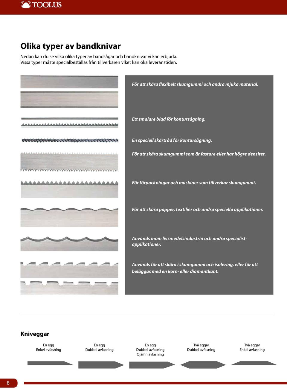 För förpackningar och maskiner som tillverkar skumgummi. För att skära papper, textilier och andra speciella applikationer. Används inom livsmedelsindustrin och andra specialistapplikationer.