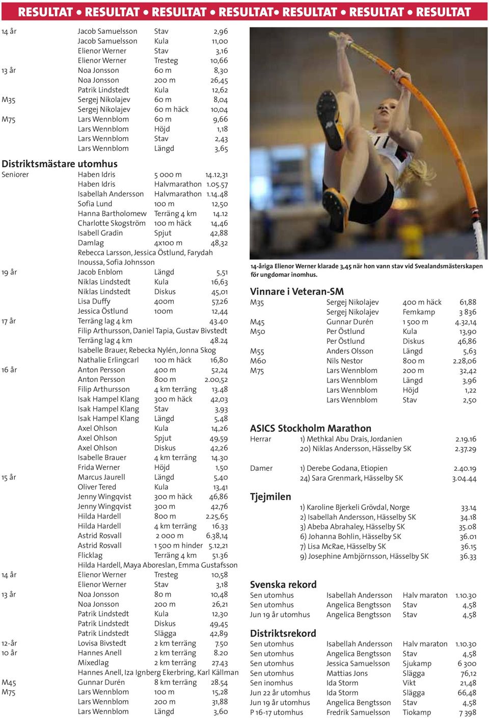 Lars Wennblom Längd 3,65 Distriktsmästare utomhus Seniorer Haben Idris 5 000 m 14.12,31 Haben Idris Halvmarathon 1.05.57 Isabellah Andersson Halvmarathon 1.14.48 Sofia Lund 100 m 12,50 Hanna Bartholomew Terräng 4 km 14.