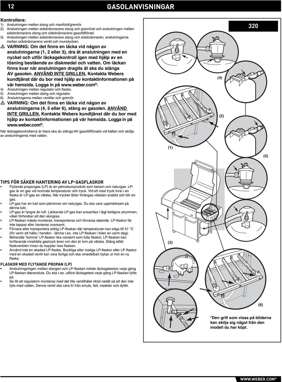 3) Anslutningen mellan sidobrännarens slang och sidobrännaren, anslutningarna mellan sidobrännarens ventil och munstycken.