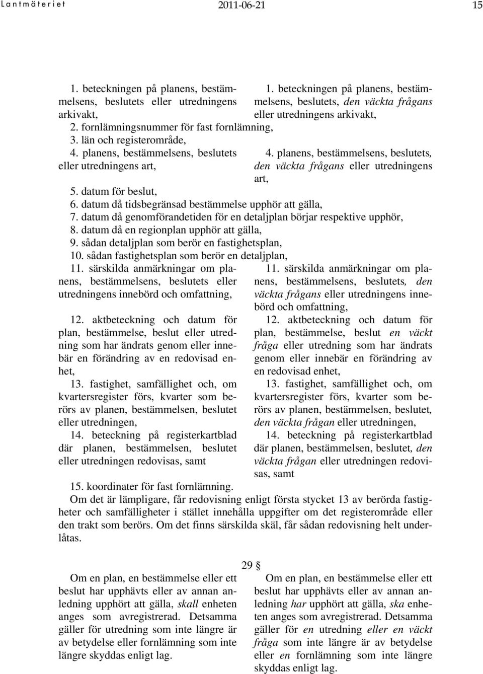 planens, bestämmelsens, beslutets, den väckta frågans eller utredningens art, 5. datum för beslut, 6. datum då tidsbegränsad bestämmelse upphör att gälla, 7.