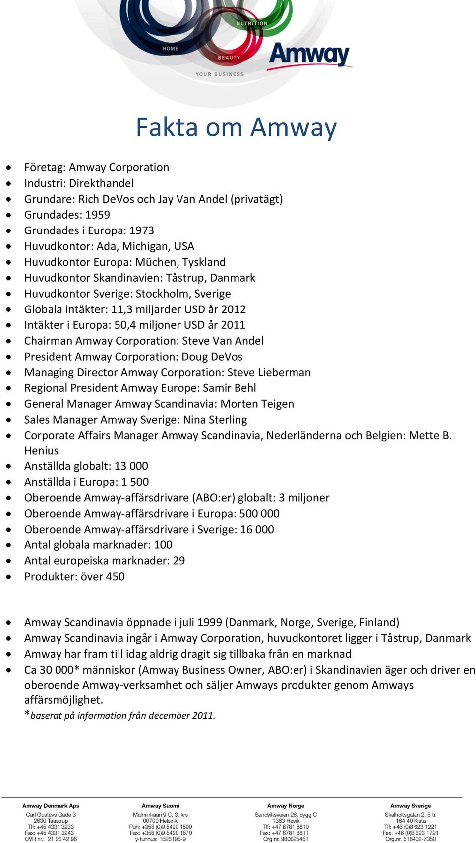 USD år 2011 Chairman Amway Corporation: Steve Van Andel President Amway Corporation: Doug DeVos Managing Director Amway Corporation: Steve Lieberman Regional President Amway Europe: Samir Behl