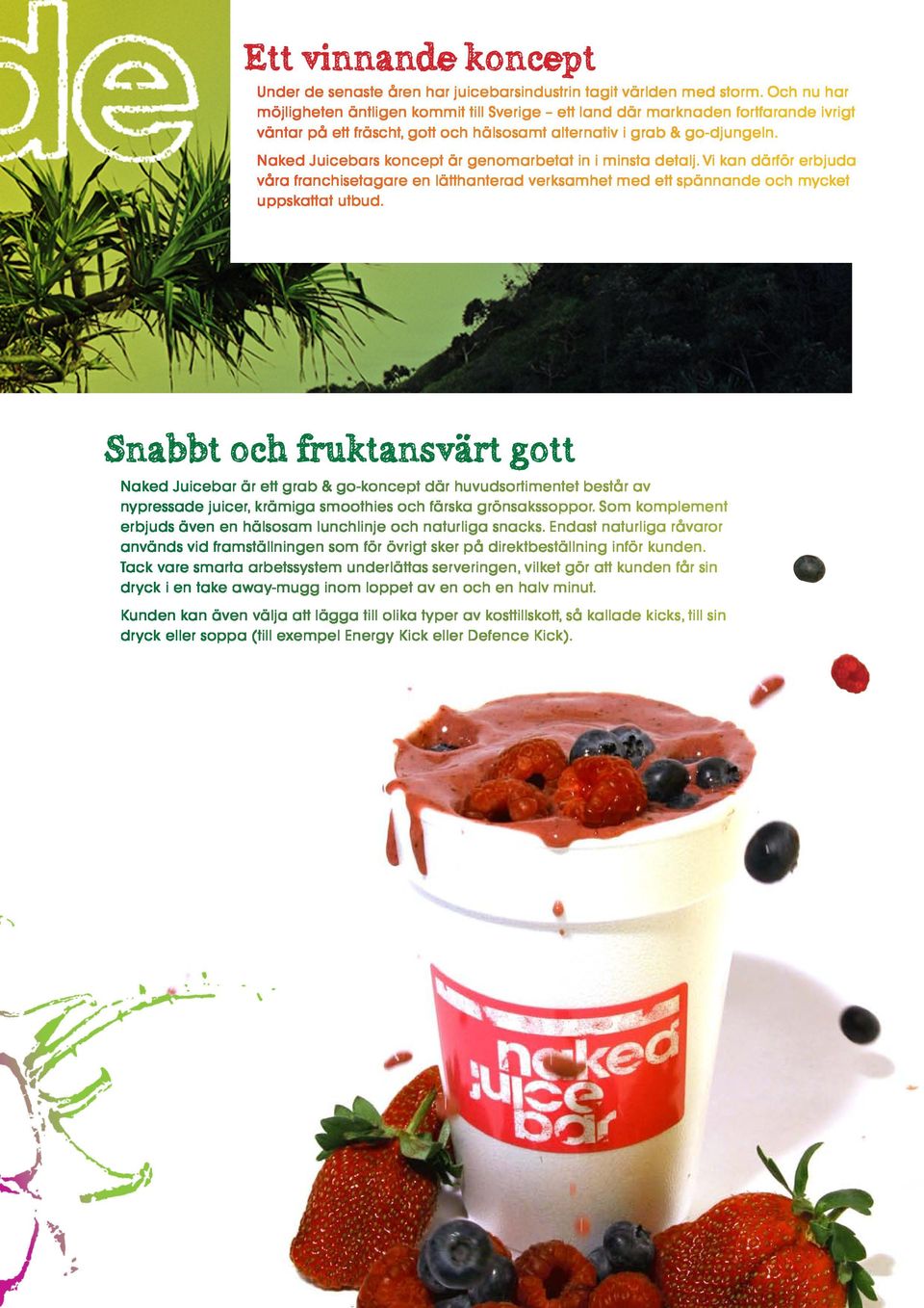 Naked Juicebars koncept är genomarbetat in i minsta detalj. Vi kan därför erbjuda våra franchisetagare en lätthanterad verksamhet med ett spännande och mycket uppskattat utbud.