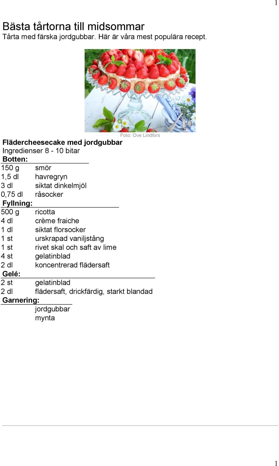 dinkelmjöl 0,75 dl råsocker Fyllning: 500 g ricotta 4 dl crème fraiche 1 dl siktat florsocker 1 st urskrapad vaniljstång 1 st